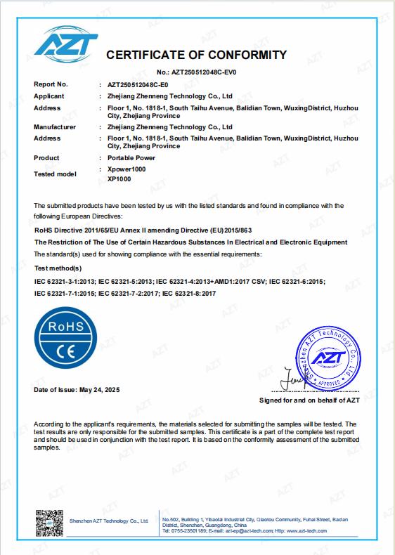 Newen Energy ROHS XP1000 certificate